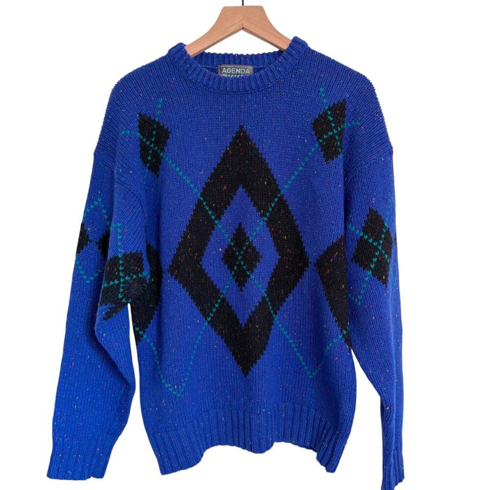 Vintage Agenda 100% Shetland Wool Argyle Speckled Grandpa Sweater
